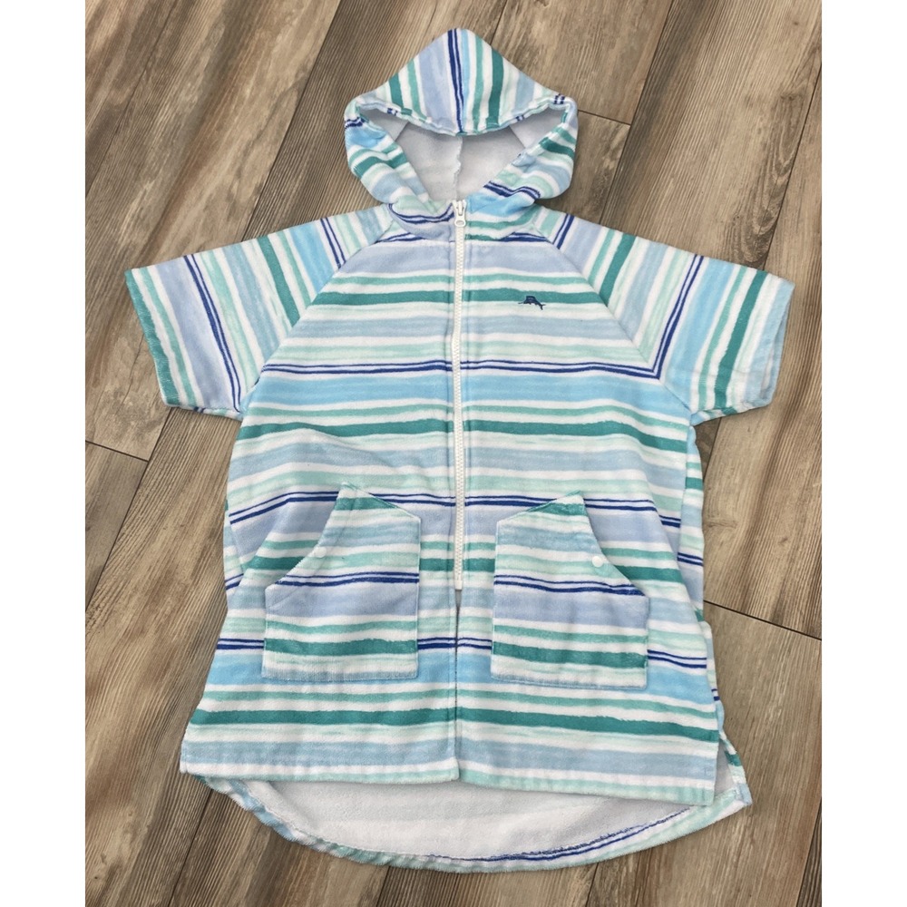 Tommy Bahama Kids Beach Terry Cloth Cover Up Hooded Full Zip Blue Striped L/XL